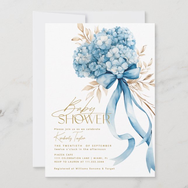 Elegant Blue Hydrangea Bow Baby Shower Einladung (Vorderseite)