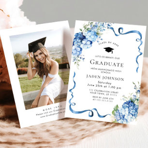 Elegant Blue Hydrangea Bow Foto Graduation Party Einladung