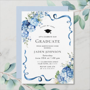 Elegant Blue Hydrangea Bow Ribbon Graduation Party Einladung