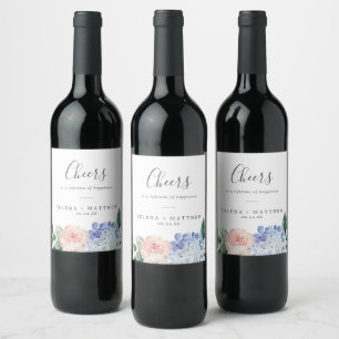 Elegant Blue Hydrangea Cheers Wedding Wine Labels Weinetikett