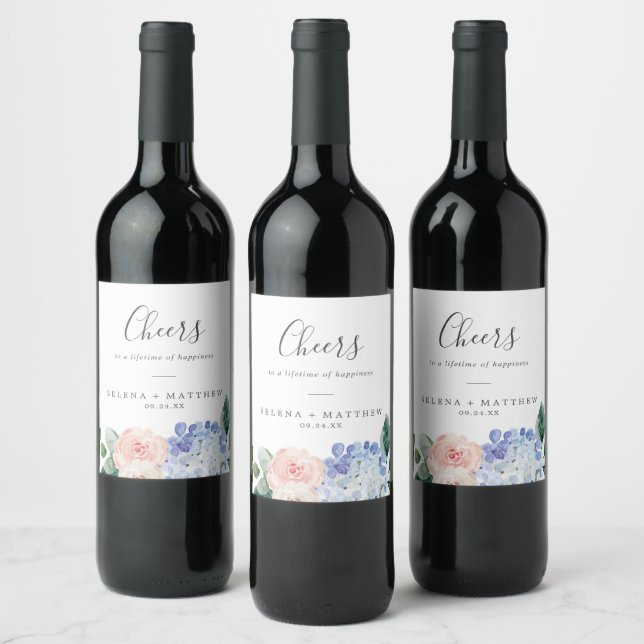 Elegant Blue Hydrangea Cheers Wedding Wine Labels Weinetikett (Flaschen)