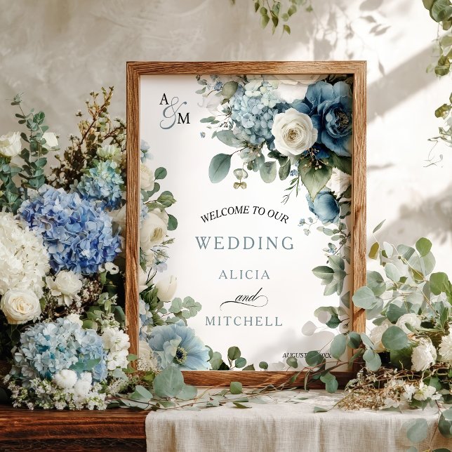 Elegant Blue Hydrangea Elfenbeinblütenhochzeit Ros Poster (Elegant Blue Hydrangea Ivory Rose Floral Wedding Poster)