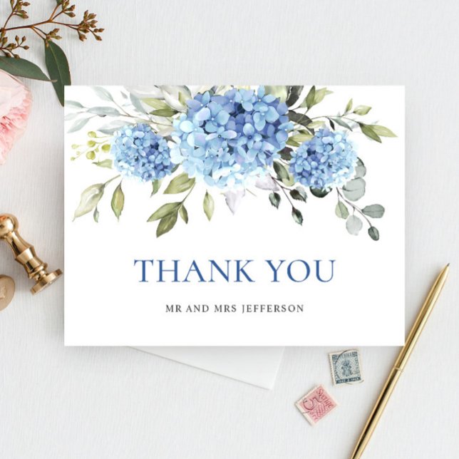 Elegant Blue Hydrangea Eucalyptus Blume Vielen Dan Postkarte (Von Creator hochgeladen)