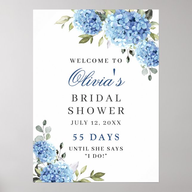Elegant Blue Hydrangea Eucalyptus Brautparty Poster (Vorne)