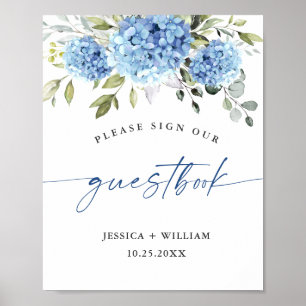 Elegant Blue Hydrangea Eucalyptus Guestbook Sign Poster