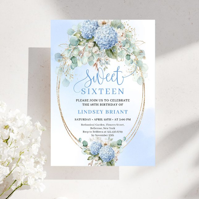 Elegant Blue Hydrangea Eucalyptus Sweet Sixteen  Einladung (Elegant Blue Hydrangea Eucalyptus Sweet Sixteen Invite)