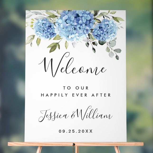 Elegant Blue Hydrangea Eucalyptus WEDDING Empfang Acrylschild (Neutral)