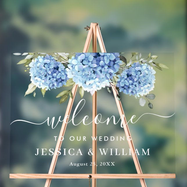 Elegant Blue Hydrangea Eucalyptus WEDDING Empfang Acrylschild (Neutral)