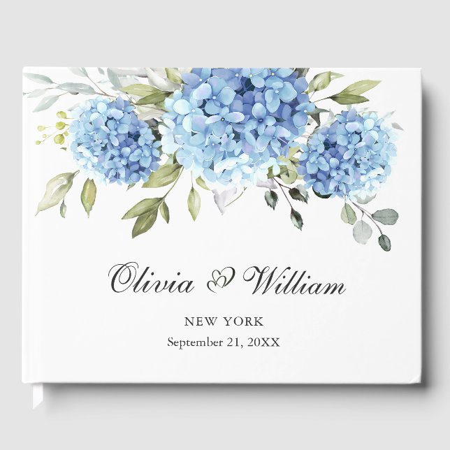 Elegant Blue Hydrangea Eucalyptus Wedding Gästebuch (Vorderseite)