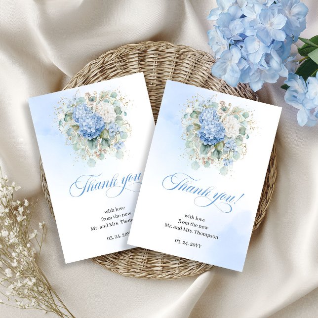 Elegant Blue Hydrangea Eucalyptus Wedding thanks RSVP Karte (Blue hydrangea wedding thank you,
Watercolor Soft pastel blue floral, 
bohemian boho romantic light )