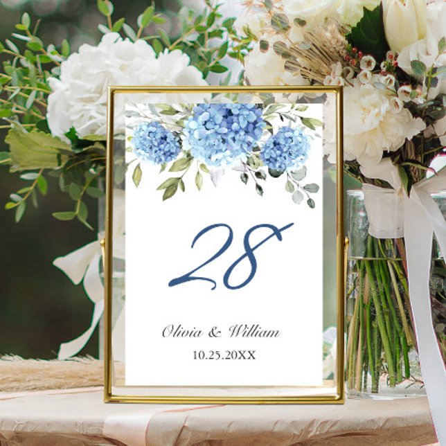 Elegant Blue Hydrangea Eucalyptus Wedding Tischnummer (Von Creator hochgeladen)