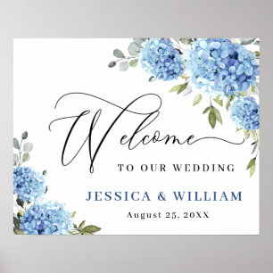 Elegant Blue Hydrangea Eucalyptus Wedding Willkomm Poster