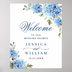 Elegant Blue Hydrangea Eucalyptus Wedding Willkomm Poster