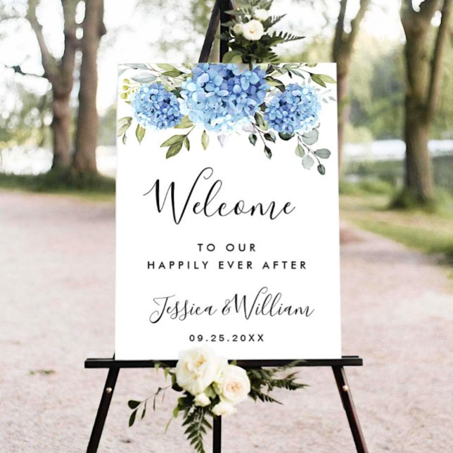 Elegant Blue Hydrangea Eucalyptus Wedding Willkomm Poster (Von Creator hochgeladen)