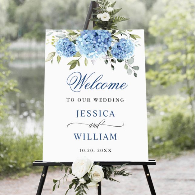 Elegant Blue Hydrangea Eucalyptus Wedding Willkomm Poster (Von Creator hochgeladen)