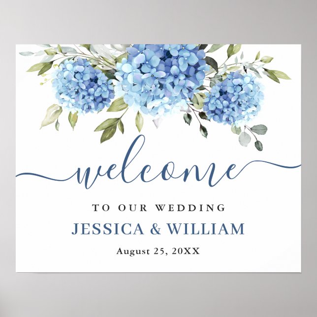 Elegant Blue Hydrangea Eucalyptus Wedding Willkomm Poster (Vorne)