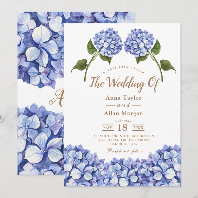 Elegant Blue Hydrangea Floral Einladung (Vorne/Hinten)