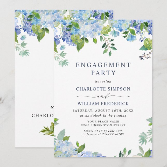Elegant Blue Hydrangea Floral ENGAGEMENT PARTY Einladung (Vorne/Hinten)