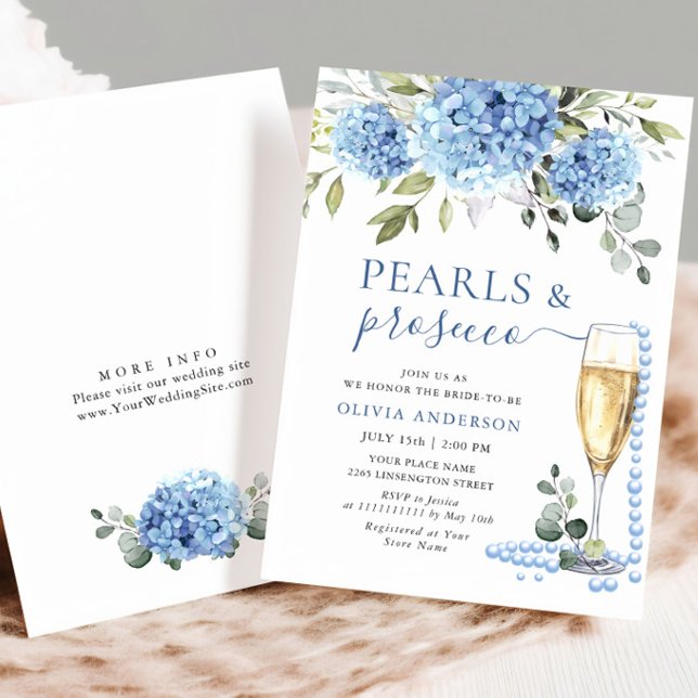 Elegant Blue Hydrangea Floral PEARLS & Prosecco Einladung (Von Creator hochgeladen)
