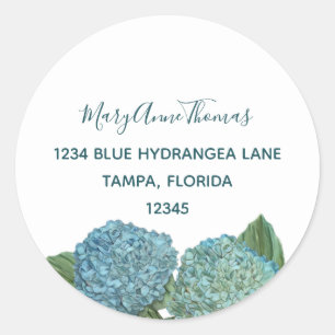Elegant Blue Hydrangea Floral Rücksendeadresse Runder Aufkleber