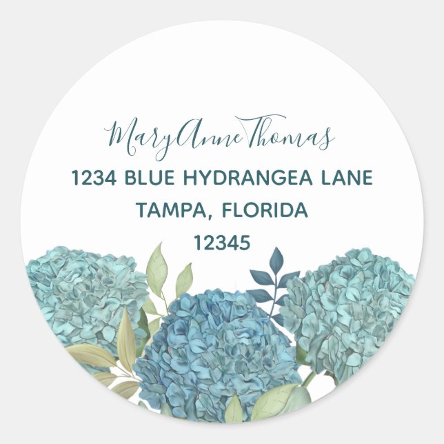 Elegant Blue Hydrangea Floral Rücksendeadresse Runder Aufkleber (Vorderseite)