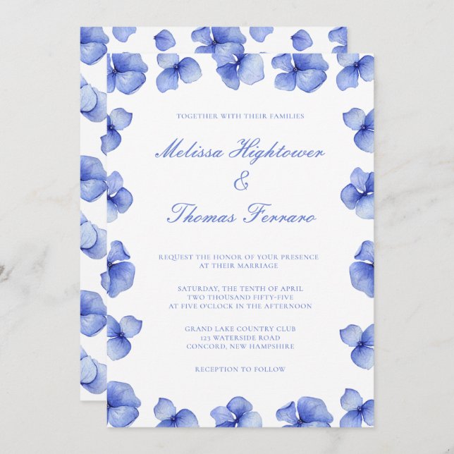 Elegant Blue Hydrangea Floral Wedding Einladung (Vorne/Hinten)