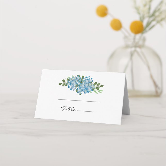 Elegant Blue Hydrangea Floral Wedding Platzkarte (Vorderseite)