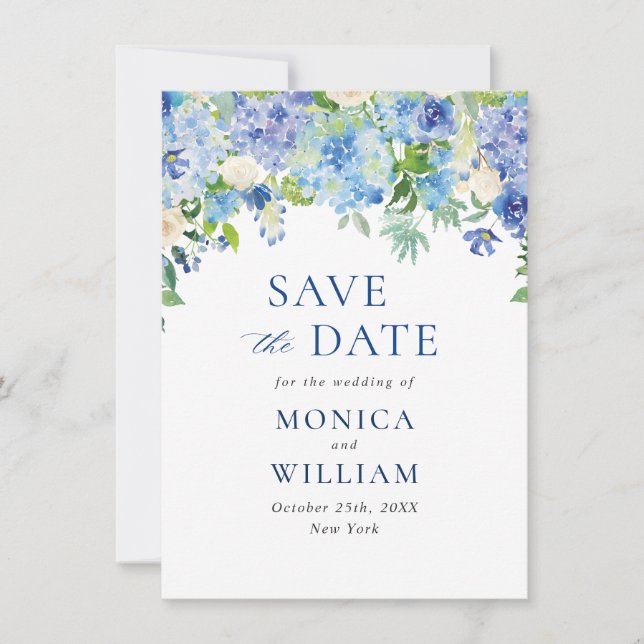 Elegant Blue Hydrangea Floral Wedding Save The Date (Vorderseite)