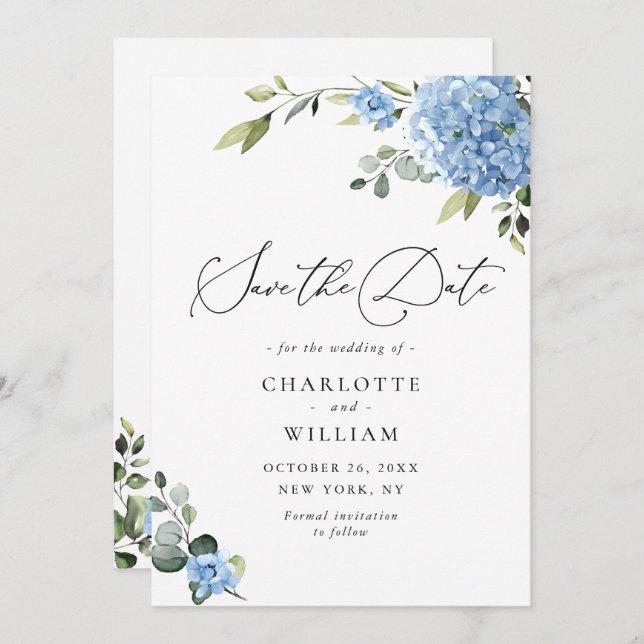 Elegant Blue Hydrangea Floral Wedding Save The Date (Vorne/Hinten)