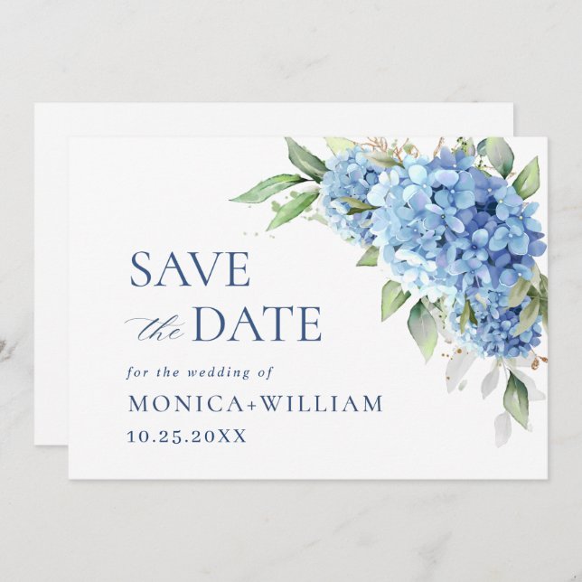 Elegant Blue Hydrangea Floral Wedding Save The Date (Vorne/Hinten)