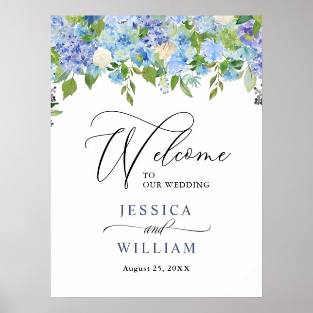 Elegant Blue Hydrangea Floral Wedding Welcome Sign Poster (Vorne)
