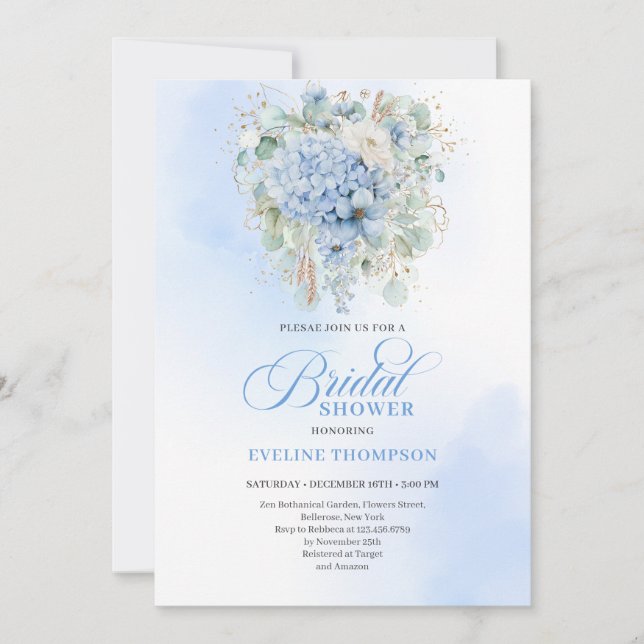 Elegant Blue Hydrangea Gold Bridal Shower Invite Einladung (Vorderseite)