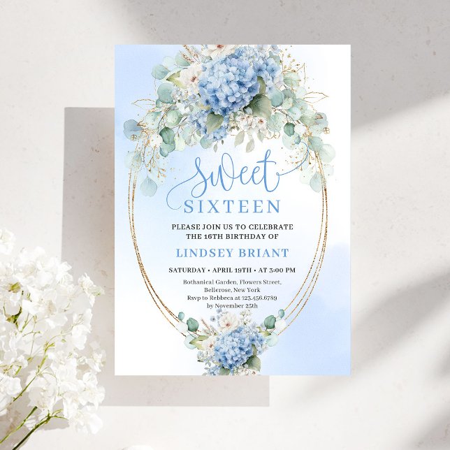 Elegant Blue Hydrangea Gold Script 16th Birthday Einladung (Elegant Blue Hydrangea Gold Script 16th Birthday Invitation)