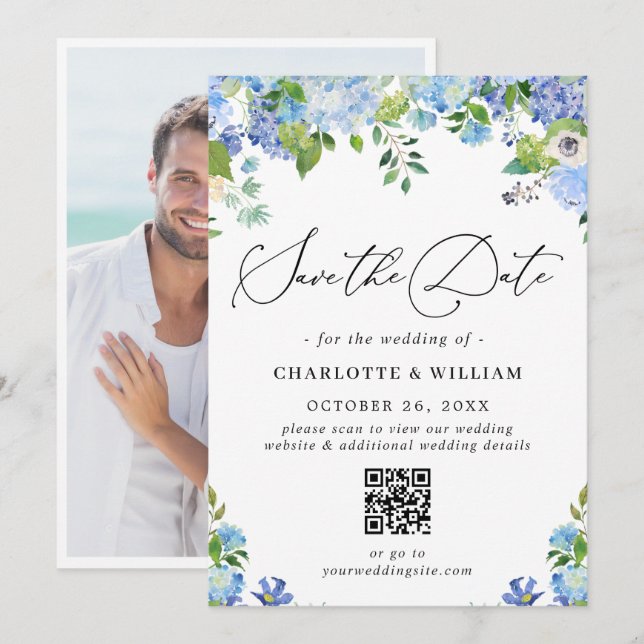 Elegant Blue Hydrangea Greenera Foto Wedding QR Save The Date (Vorne/Hinten)