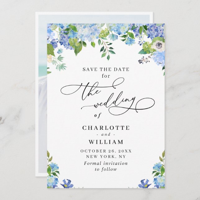 Elegant Blue Hydrangea Greenera Wedding Foto Save The Date (Vorne/Hinten)