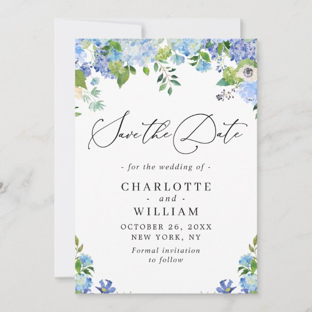 Elegant Blue Hydrangea Greeneria Wedding QR Save The Date (Vorderseite)