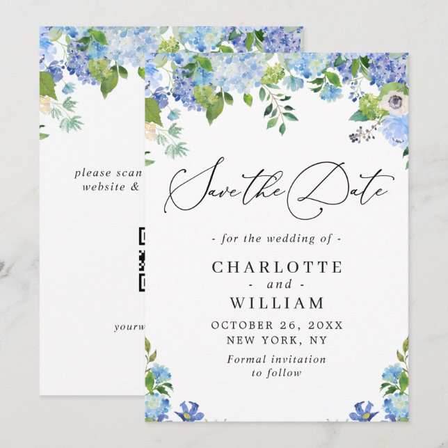 Elegant Blue Hydrangea Greeneria Wedding QR Save The Date (Vorne/Hinten)
