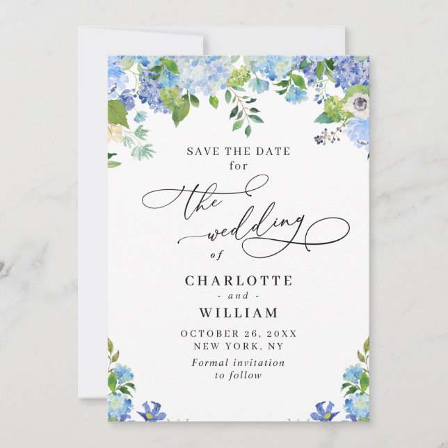 Elegant Blue Hydrangea Greeneria Wedding QR Save The Date (Vorderseite)