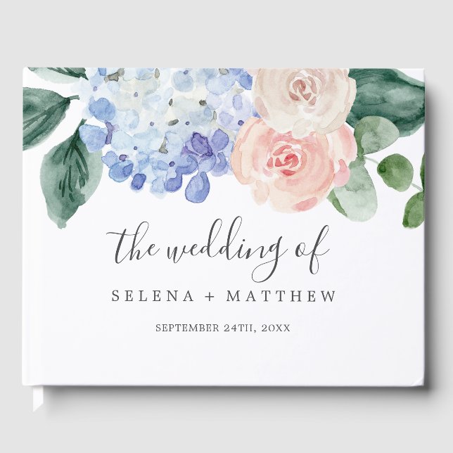 Elegant Blue Hydrangea Monogram Back Wedding Gästebuch (Vorderseite)