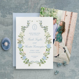 Elegant Blue Hydrangea Monogram Save the Date Einladung