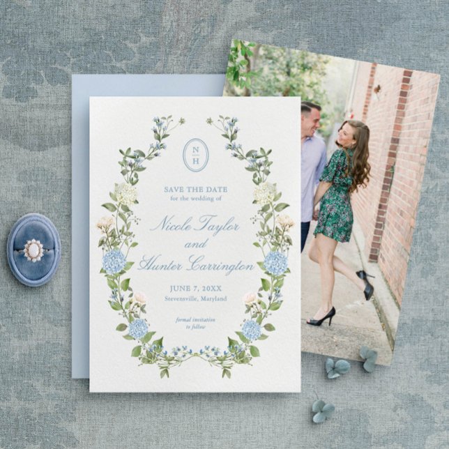 Elegant Blue Hydrangea Monogram Save the Date Einladung (Von Creator hochgeladen)