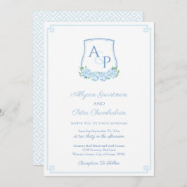 Elegant Blue Hydrangea Monogram Wappen Wedding Einladung