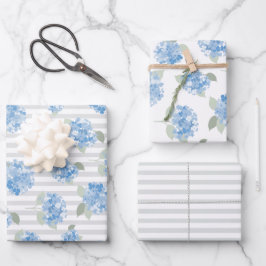 Elegant Blue Hydrangea Pattern Gray Stripe  Geschenkpapier Set