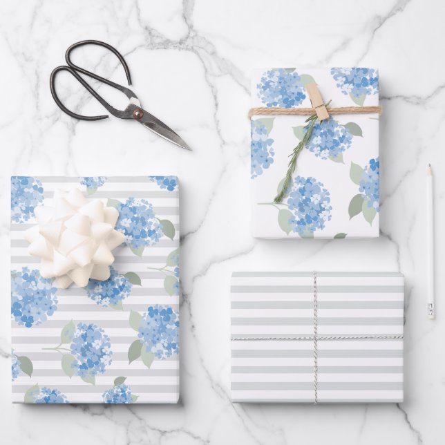 Elegant Blue Hydrangea Pattern Gray Stripe  Geschenkpapier Set (Vorderseite)