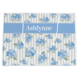Elegant Blue Hydrangea Pattern Gray Stripe Name Große Geschenktüte