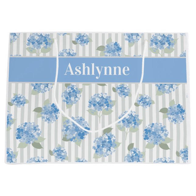 Elegant Blue Hydrangea Pattern Gray Stripe Name Große Geschenktüte (Vorderseite)