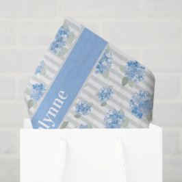 Elegant Blue Hydrangea Pattern Gray Stripe Name Seidenpapier