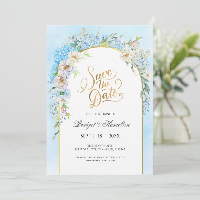 Elegant Blue Hydrangea Save The Date (Stehend Vorderseite)