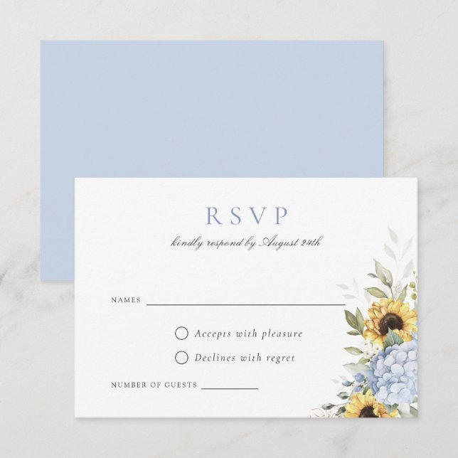 Elegant Blue Hydrangea Sunflowers Wedding RSVP Einladung (Vorne/Hinten)