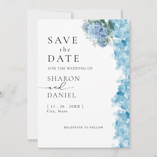 Elegant Blue Hydrangea Watercolor Save The Date (Vorderseite)